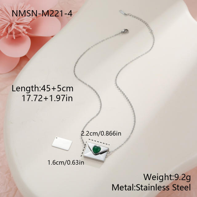 Natural stone agate heart inlaid envelop locket necklace stainless steel necklace