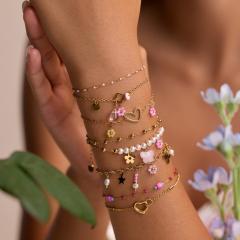 Boho thin chain pink bead stainless steel bracelet for women