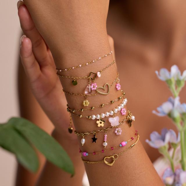 Boho thin chain pink bead stainless steel bracelet for women