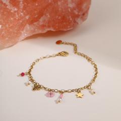 Boho thin chain pink bead stainless steel bracelet for women