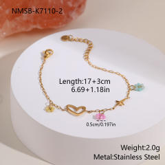 Boho thin chain pink bead stainless steel bracelet for women
