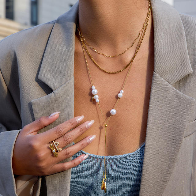 Classic pearl bead stainless steel snake chain long necklace Y shape necklace