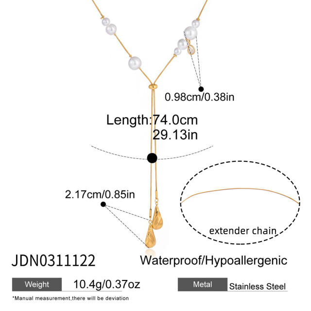 Classic pearl bead stainless steel snake chain long necklace Y shape necklace