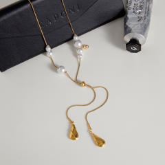 Classic pearl bead stainless steel snake chain long necklace Y shape necklace