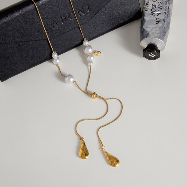 Classic pearl bead stainless steel snake chain long necklace Y shape necklace