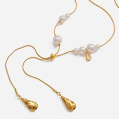Classic pearl bead stainless steel snake chain long necklace Y shape necklace