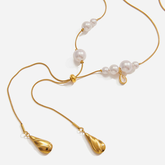Classic pearl bead stainless steel snake chain long necklace Y shape necklace