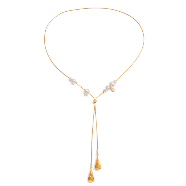 Classic pearl bead stainless steel snake chain long necklace Y shape necklace