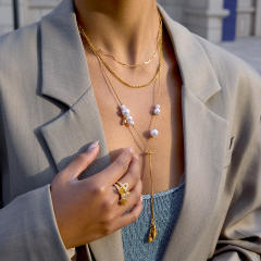 Classic pearl bead stainless steel snake chain long necklace Y shape necklace