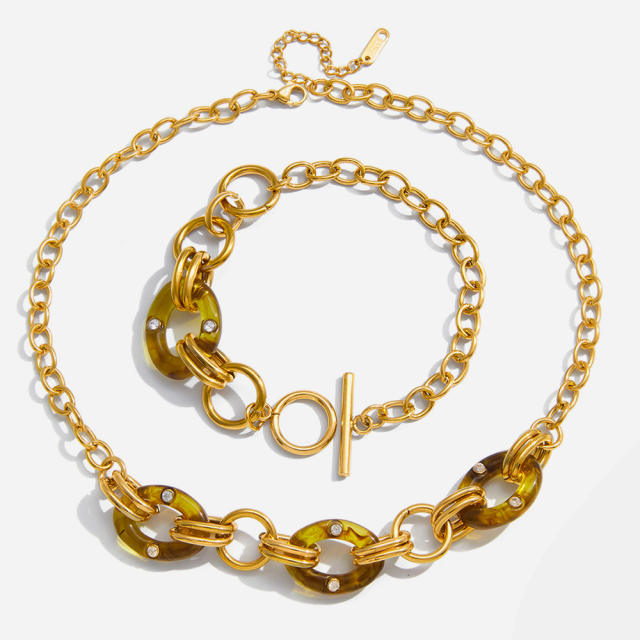 Vintage acrylic circle stainless steel chain bracelet necklace set