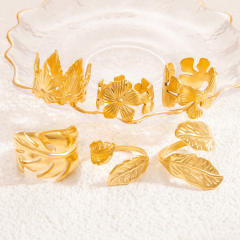 Simple hollow out flower leafs stainless steel rings