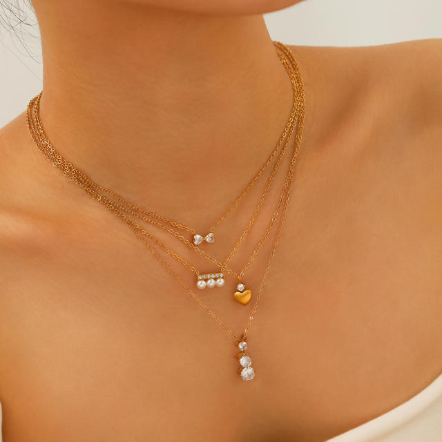 Dainty pearl cubic zircon inlaid easy match diamond necklace stainless steel necklace