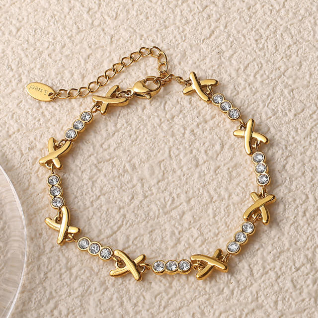 Luxury X-Shaped Inlaid cubic zircon Stainless Steel bracelet necklace Plated 18K jewelry for Women