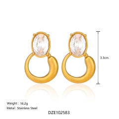 18KG oval cubic zircon circle design stainless steel earrings