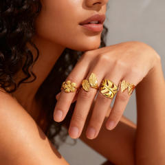 Simple hollow out flower leafs stainless steel rings