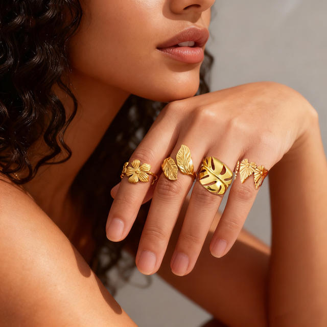 Simple hollow out flower leafs stainless steel rings