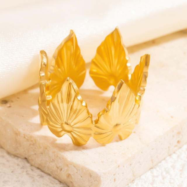 Simple hollow out flower leafs stainless steel rings