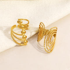 Elegant pearl inlaid Ginkgo leaf geometric line stainless steel rings