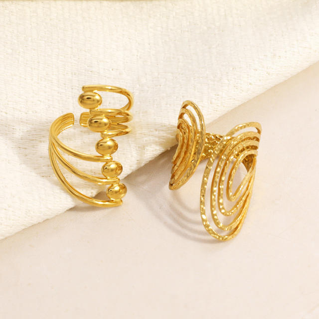 Elegant pearl inlaid Ginkgo leaf geometric line stainless steel rings