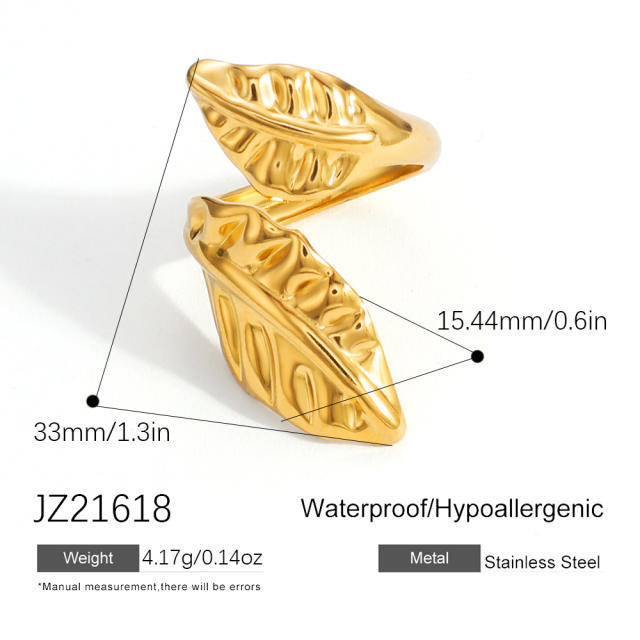 Elegant pearl inlaid Ginkgo leaf geometric line stainless steel rings
