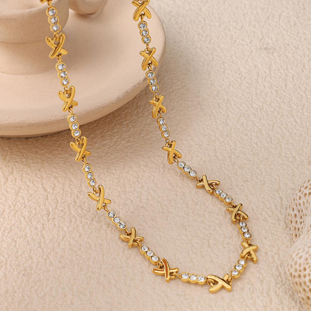Luxury X-Shaped Inlaid cubic zircon Stainless Steel bracelet necklace Plated 18K jewelry for Women