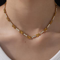 Luxury X-Shaped Inlaid cubic zircon Stainless Steel bracelet necklace Plated 18K jewelry for Women