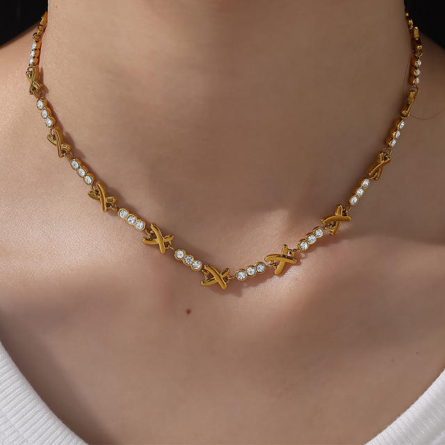 Luxury X-Shaped Inlaid cubic zircon Stainless Steel bracelet necklace Plated 18K jewelry for Women