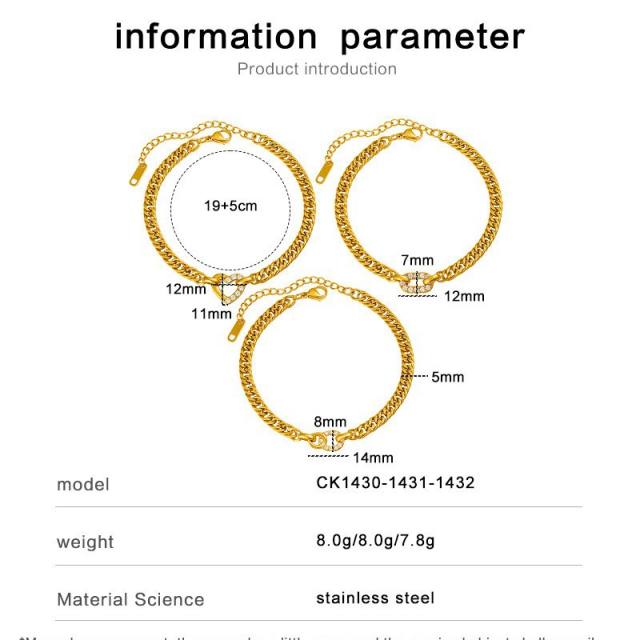 Hot sale diamond heart circle cuban chain stainless steel bracelet