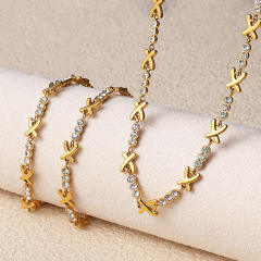 Luxury X-Shaped Inlaid cubic zircon Stainless Steel bracelet necklace Plated 18K jewelry for Women