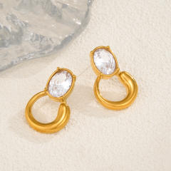 18KG oval cubic zircon circle design stainless steel earrings