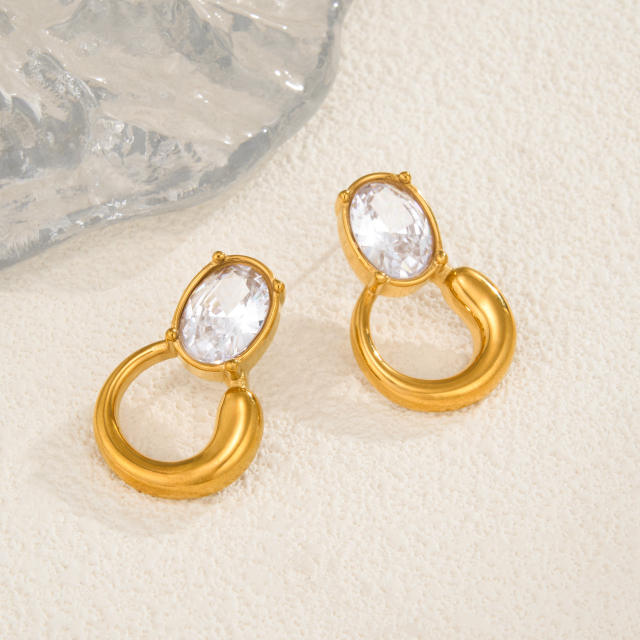 18KG oval cubic zircon circle design stainless steel earrings