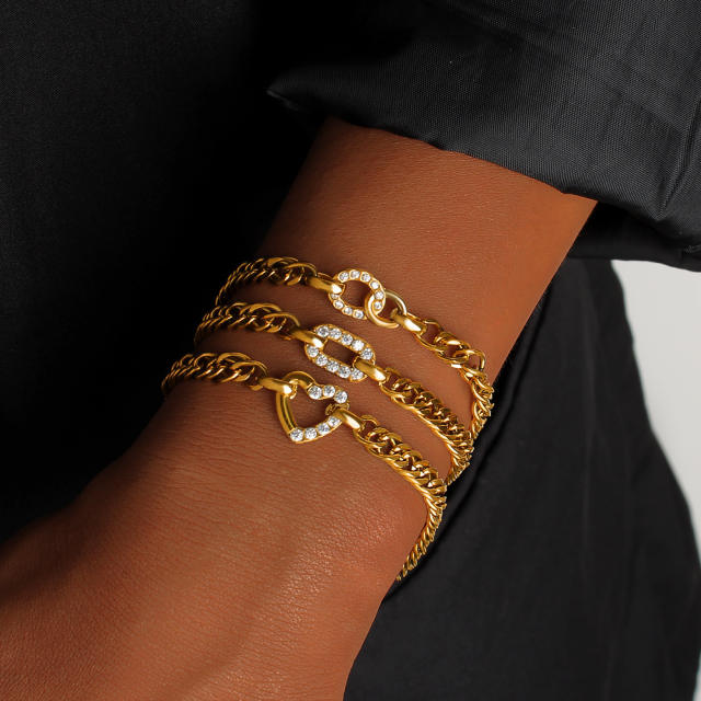 Hot sale diamond heart circle cuban chain stainless steel bracelet