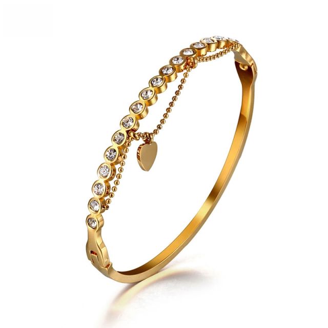 Sweet cubic zircon inlaid heart chain charm stainless steel bangle bracelet