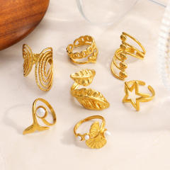 Elegant pearl inlaid Ginkgo leaf geometric line stainless steel rings