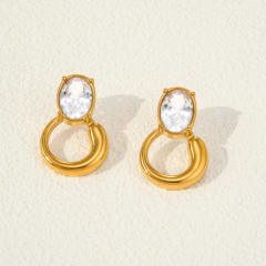 18KG oval cubic zircon circle design stainless steel earrings