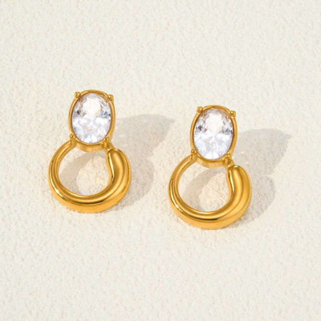 18KG oval cubic zircon circle design stainless steel earrings