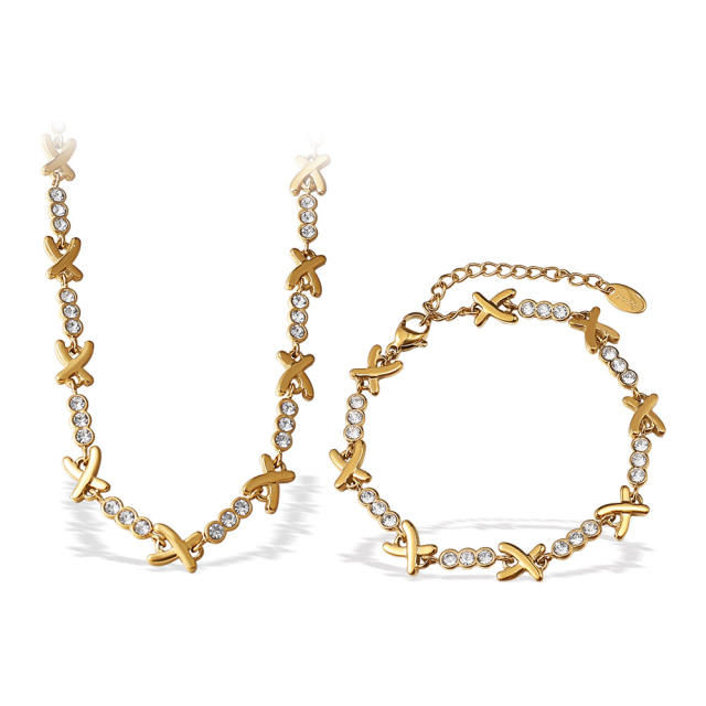 Luxury X-Shaped Inlaid cubic zircon Stainless Steel bracelet necklace Plated 18K jewelry for Women