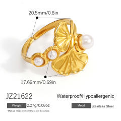 Elegant pearl inlaid Ginkgo leaf geometric line stainless steel rings