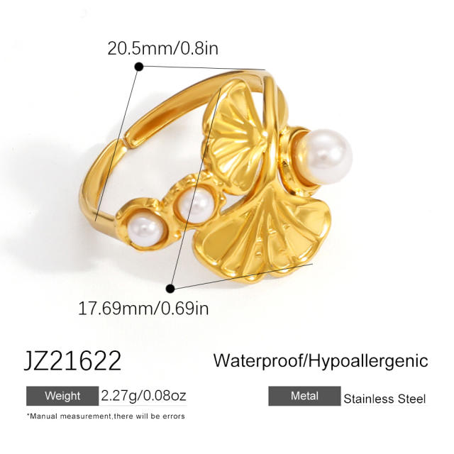 Elegant pearl inlaid Ginkgo leaf geometric line stainless steel rings