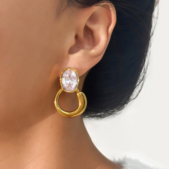 18KG oval cubic zircon circle design stainless steel earrings