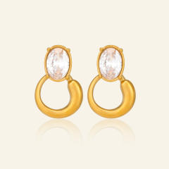 18KG oval cubic zircon circle design stainless steel earrings