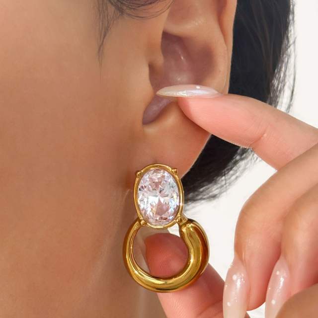 18KG oval cubic zircon circle design stainless steel earrings
