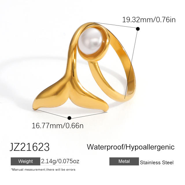 Elegant pearl inlaid Ginkgo leaf geometric line stainless steel rings