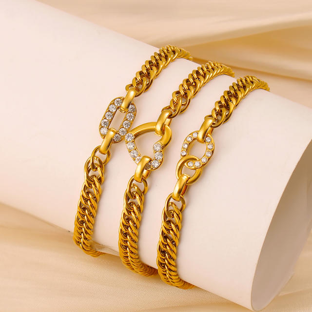 Hot sale diamond heart circle cuban chain stainless steel bracelet