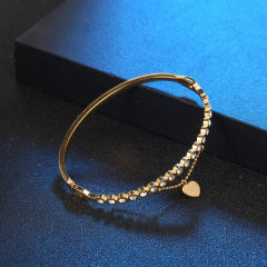 Sweet cubic zircon inlaid heart chain charm stainless steel bangle bracelet