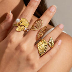 Elegant pearl inlaid Ginkgo leaf geometric line stainless steel rings