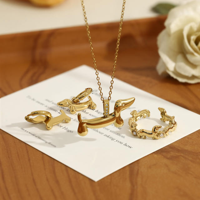 Animal Series Dachshund Pendant stainless steel necklace earrings rings set