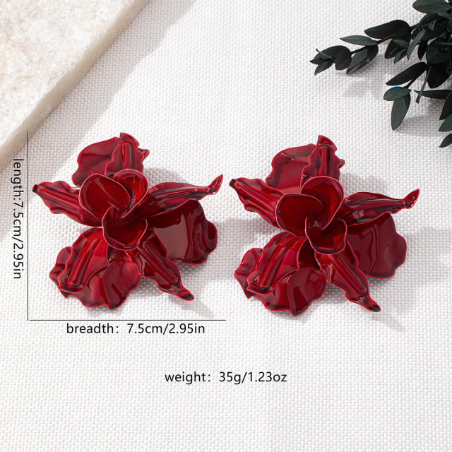 Personality color painting stereo big flower alloy earrings