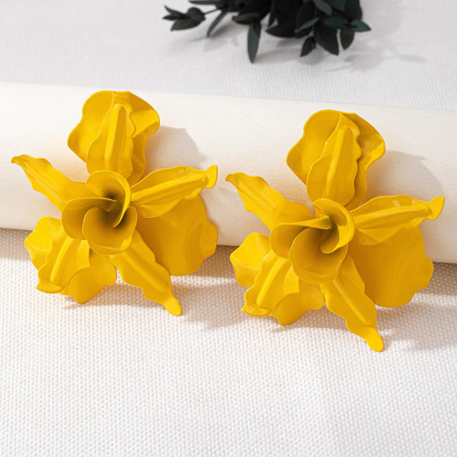 Personality color painting stereo big flower alloy earrings
