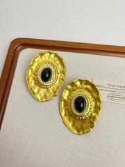 Vintage oval stone inlaid big metal studs earrings